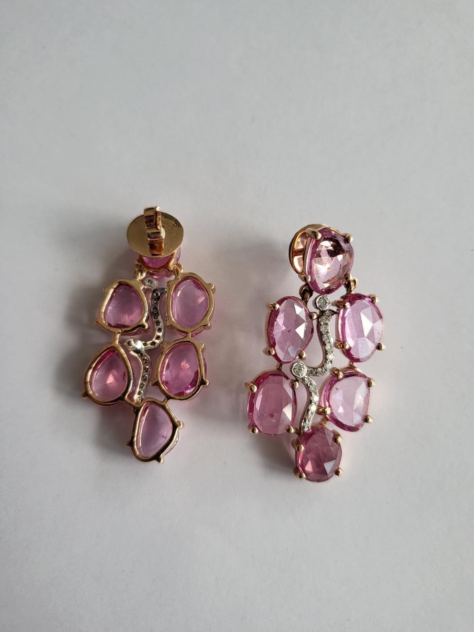 Women's or Men's Set in 18k Rose Gold, 18.25 Carats Pink Sapphire Rose Cuts & Diamonds Earrings For Sale