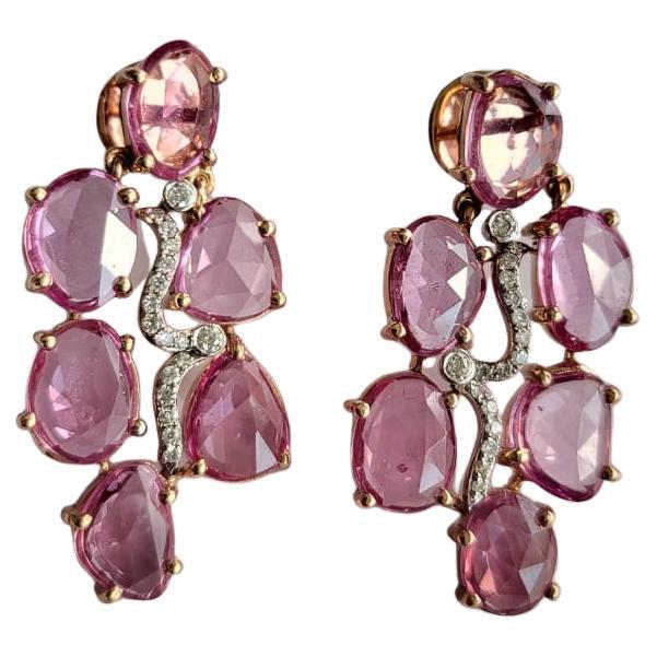 Set in 18k Rose Gold, 18.25 Carats Pink Sapphire Rose Cuts & Diamonds Earrings For Sale