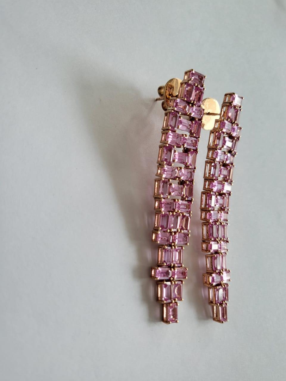 Baguette Cut Set in 18k Rose Gold, 20.97 Carats, Ceylon Pink Sapphires Chandelier Earrings For Sale