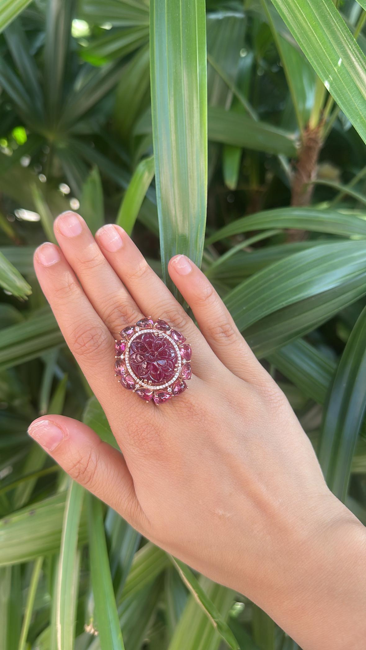 Cocktailring mit geschnitzten Turmalinen und Diamanten, gefasst in 18 Karat Roségold, 30,41 Karat im Angebot 4
