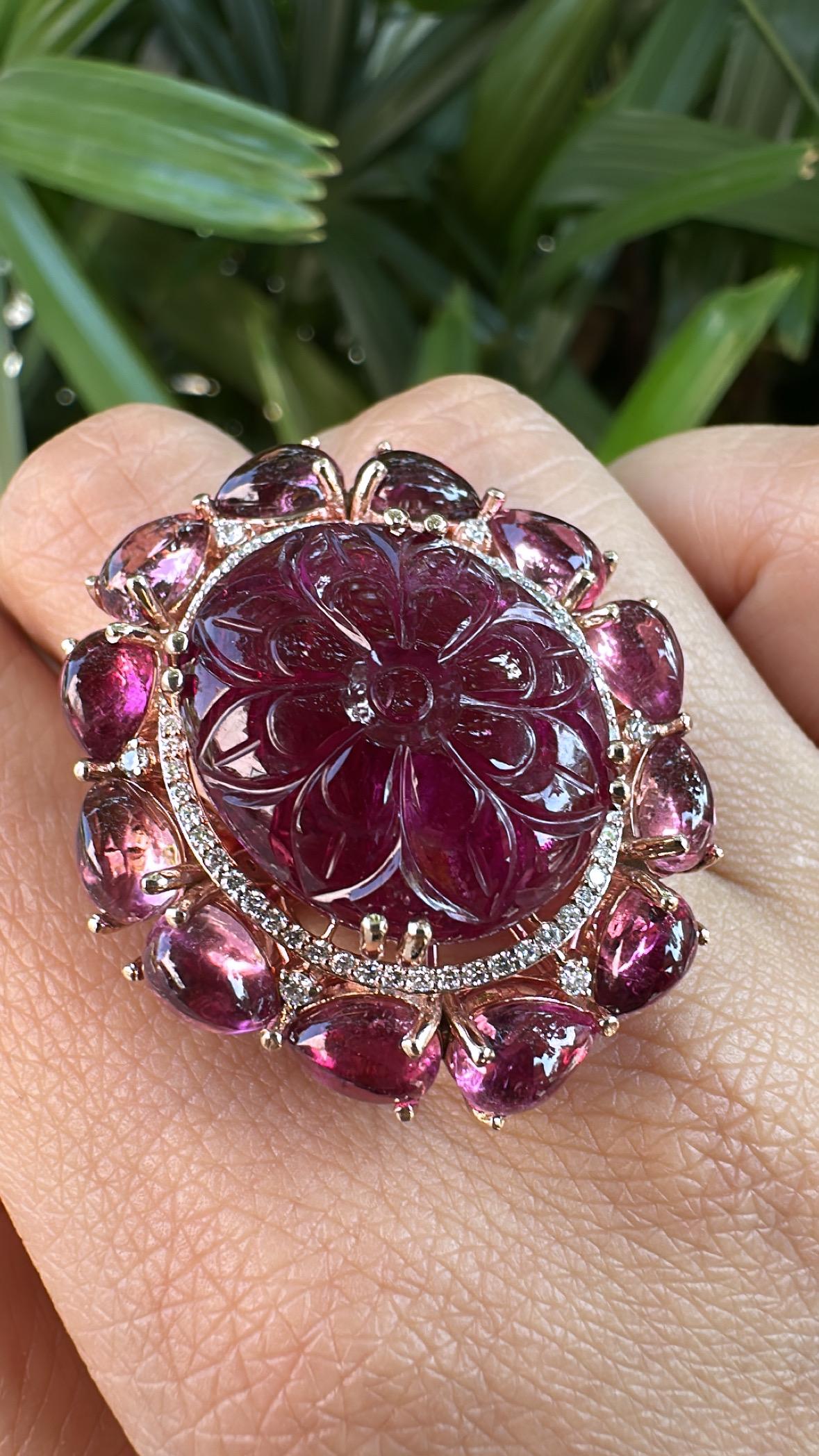 Cocktailring mit geschnitzten Turmalinen und Diamanten, gefasst in 18 Karat Roségold, 30,41 Karat im Angebot 1