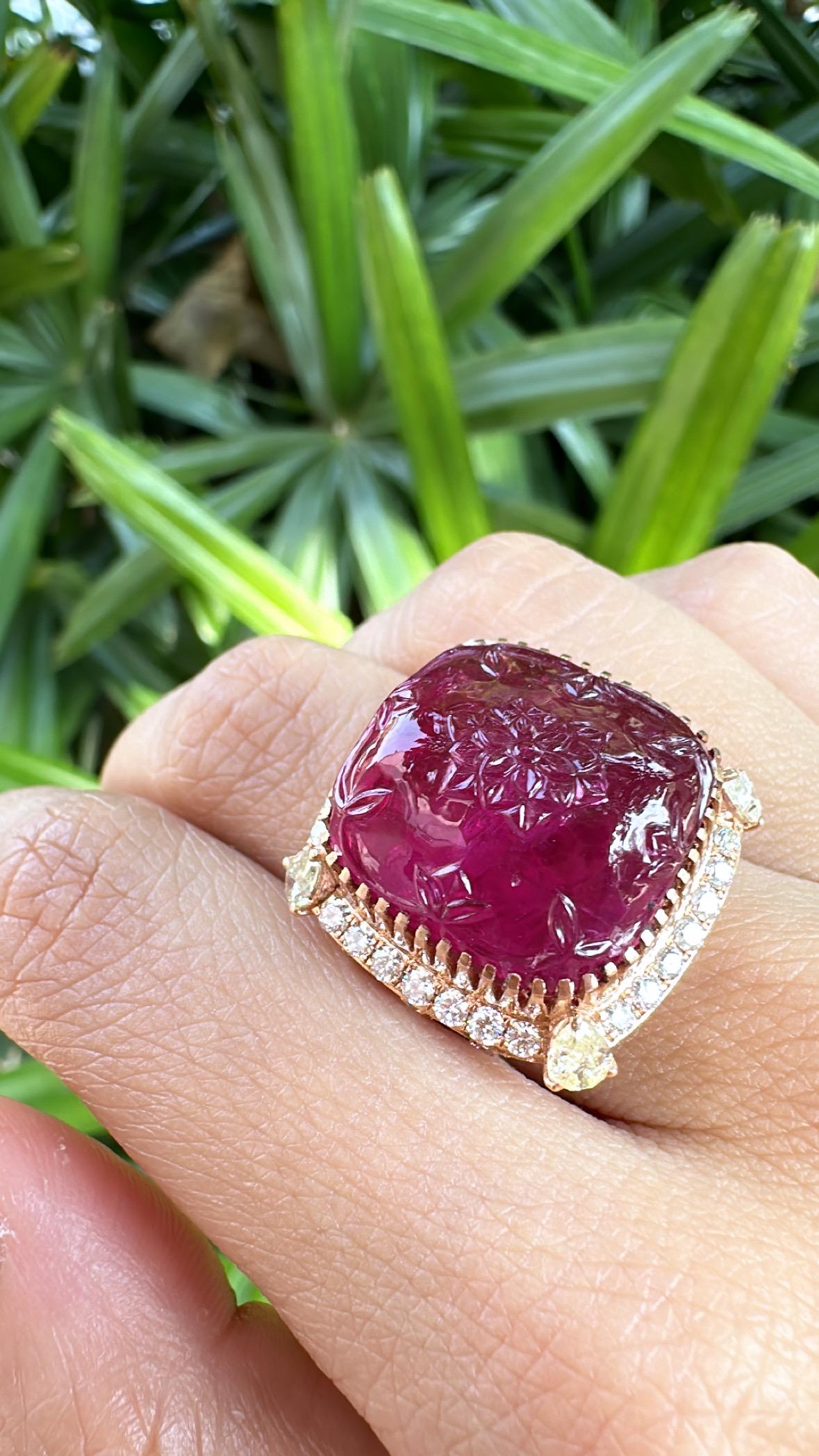 Set in 18K Rose Gold, 32.33 carat carved Rubellite & Diamonds Cocktail Dome Ring For Sale 4
