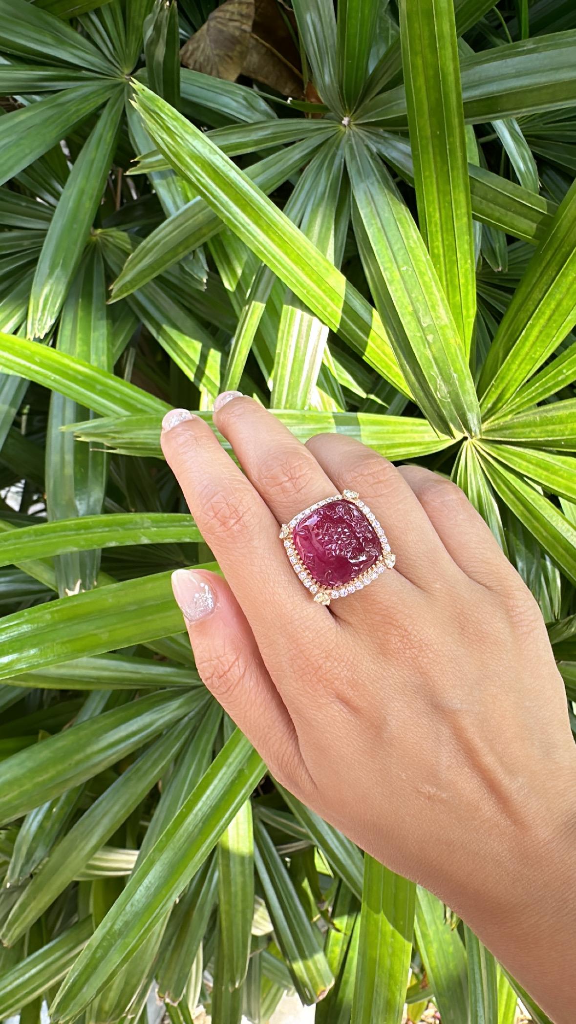 Set in 18K Rose Gold, 32.33 carat carved Rubellite & Diamonds Cocktail Dome Ring For Sale 5