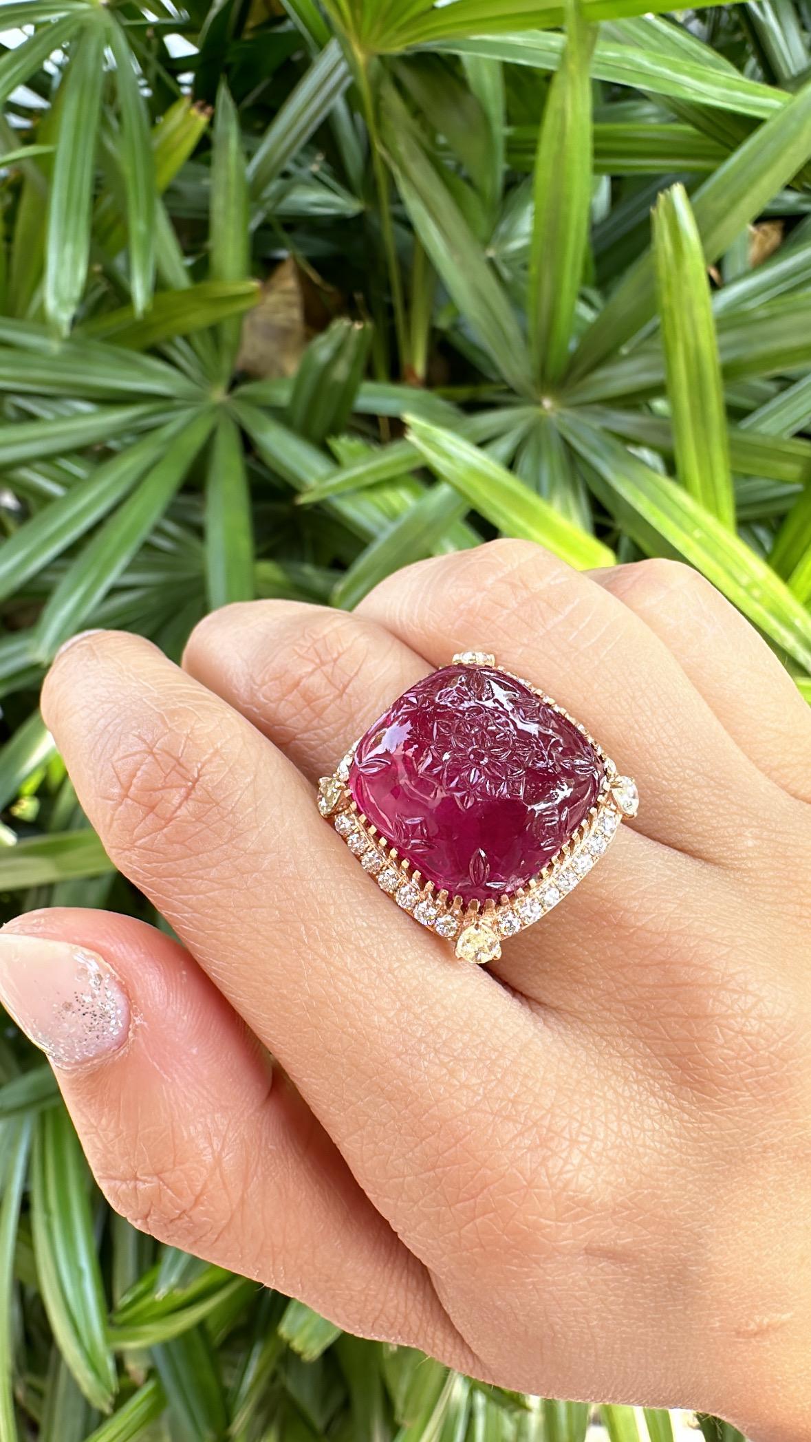 Set in 18K Rose Gold, 32.33 carat carved Rubellite & Diamonds Cocktail Dome Ring For Sale 6
