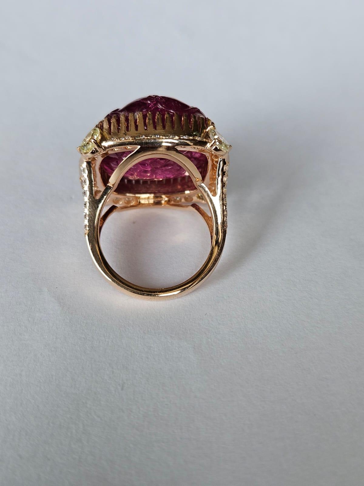 Art Deco Set in 18K Rose Gold, 32.33 carat carved Rubellite & Diamonds Cocktail Dome Ring For Sale