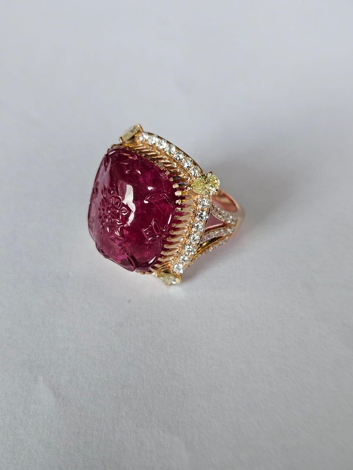 Pear Cut Set in 18K Rose Gold, 32.33 carat carved Rubellite & Diamonds Cocktail Dome Ring For Sale