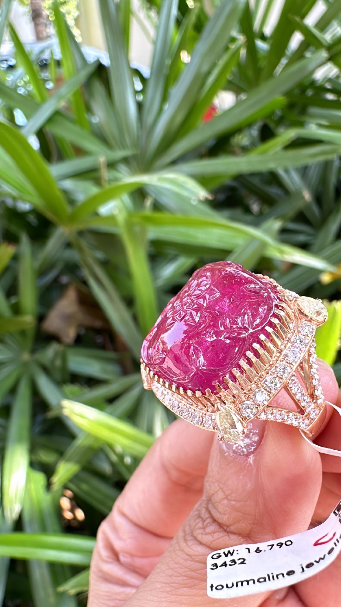 Women's or Men's Set in 18K Rose Gold, 32.33 carat carved Rubellite & Diamonds Cocktail Dome Ring For Sale