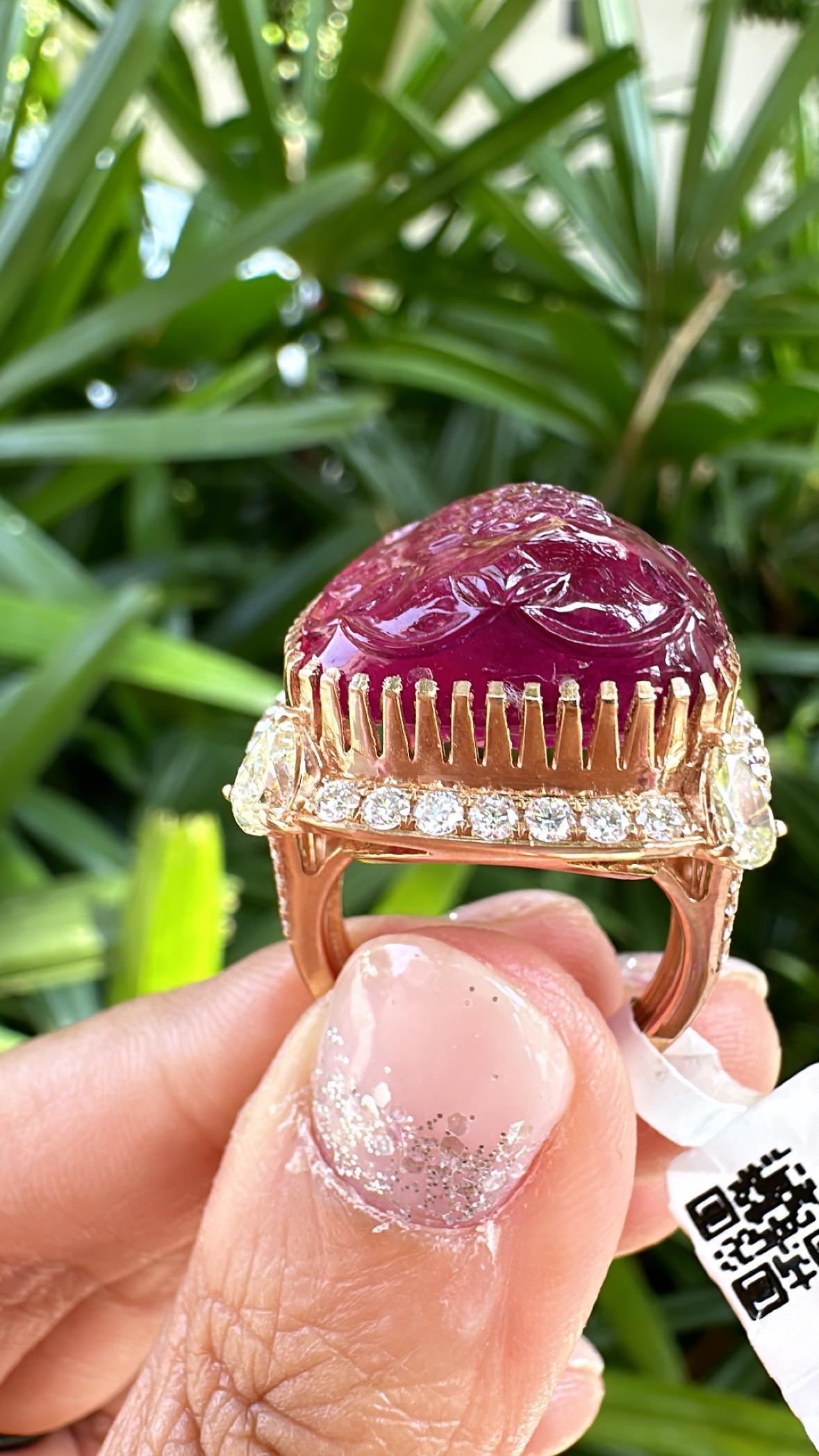 Set in 18K Rose Gold, 32.33 carat carved Rubellite & Diamonds Cocktail Dome Ring For Sale 1