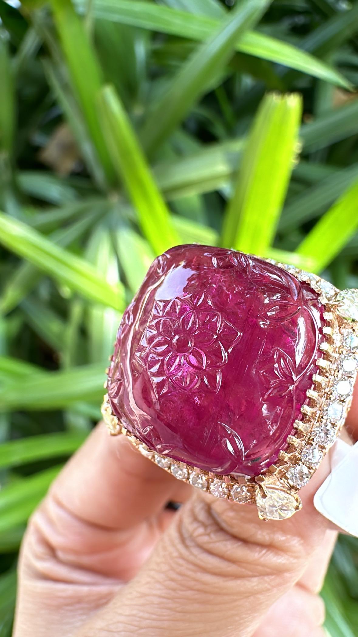 Set in 18K Rose Gold, 32.33 carat carved Rubellite & Diamonds Cocktail Dome Ring For Sale 2