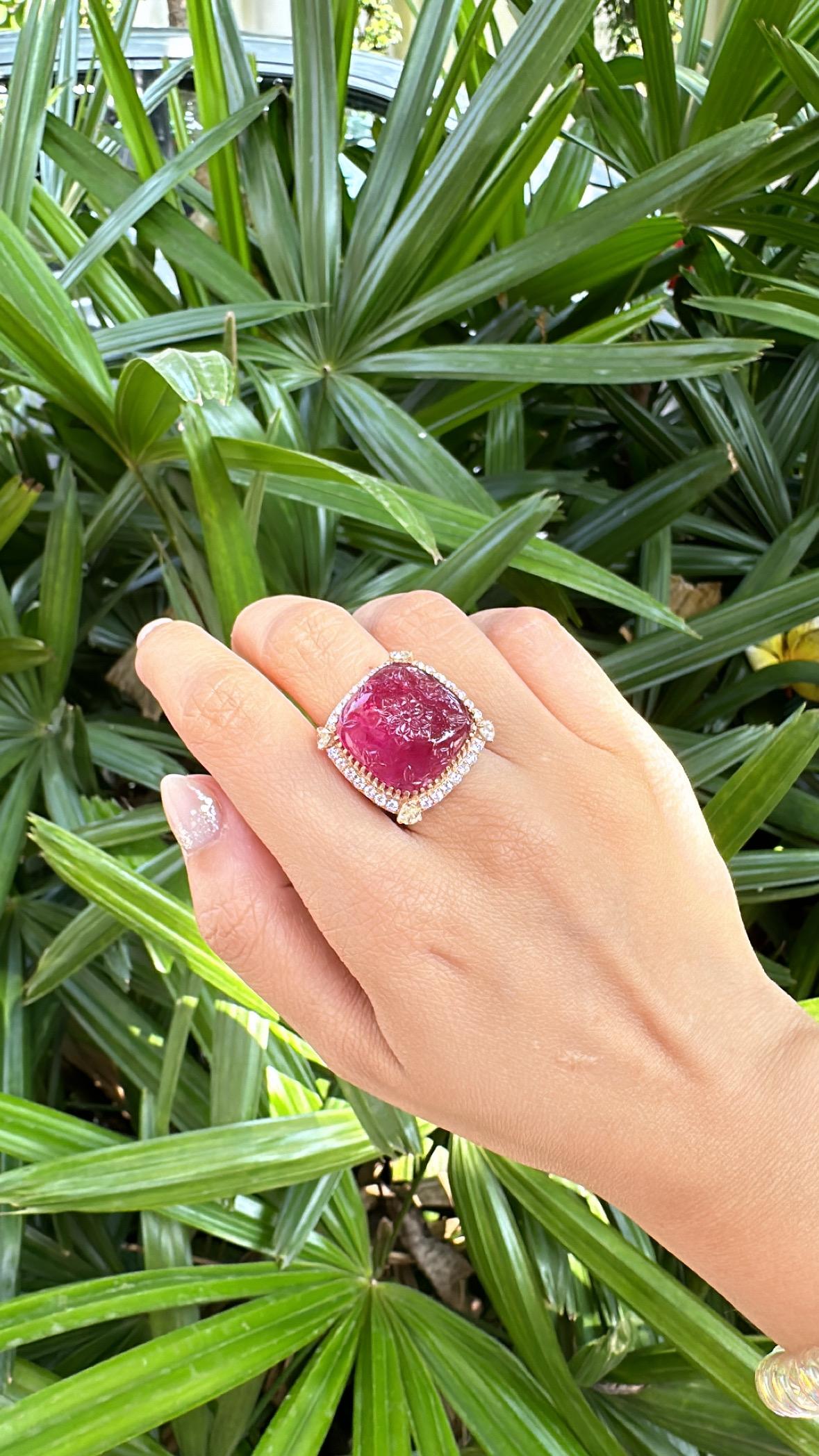 Set in 18K Rose Gold, 32.33 carat carved Rubellite & Diamonds Cocktail Dome Ring For Sale 3