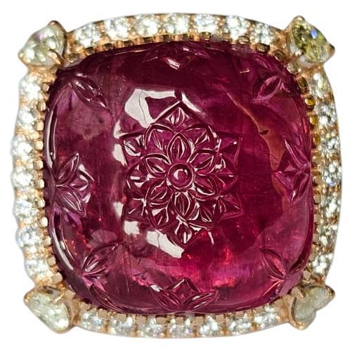 Set in 18K Rose Gold, 32.33 carat carved Rubellite & Diamonds Cocktail Dome Ring