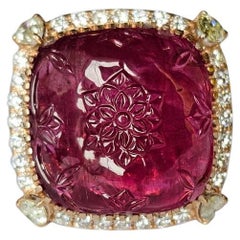 Set in 18K Rose Gold, 32.33 carat carved Rubellite & Diamonds Cocktail Dome Ring