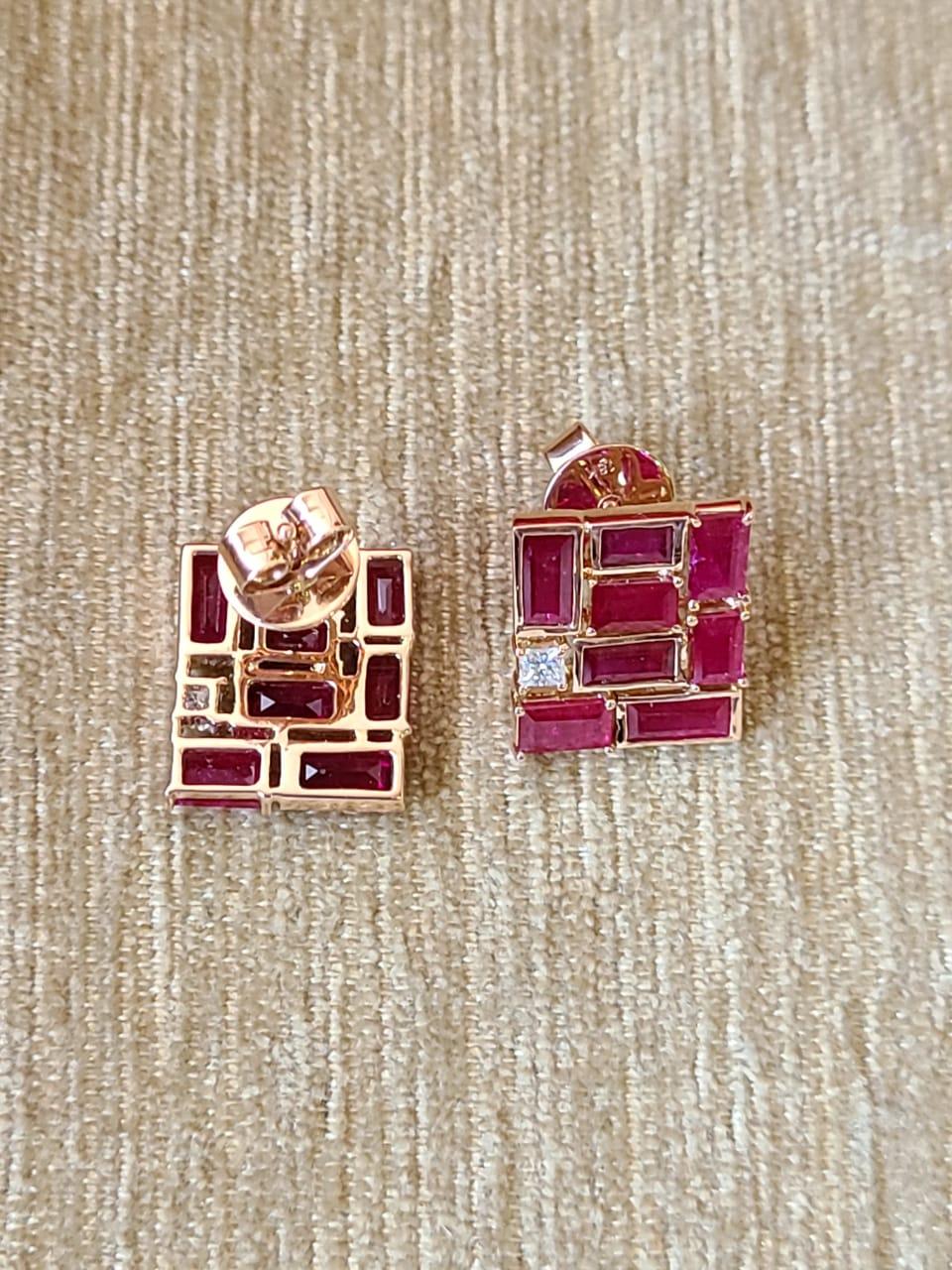 Princess Cut Set in 18K Rose Gold, 3.86 Carats, Mozambique Ruby & Diamonds Stud Earrings 