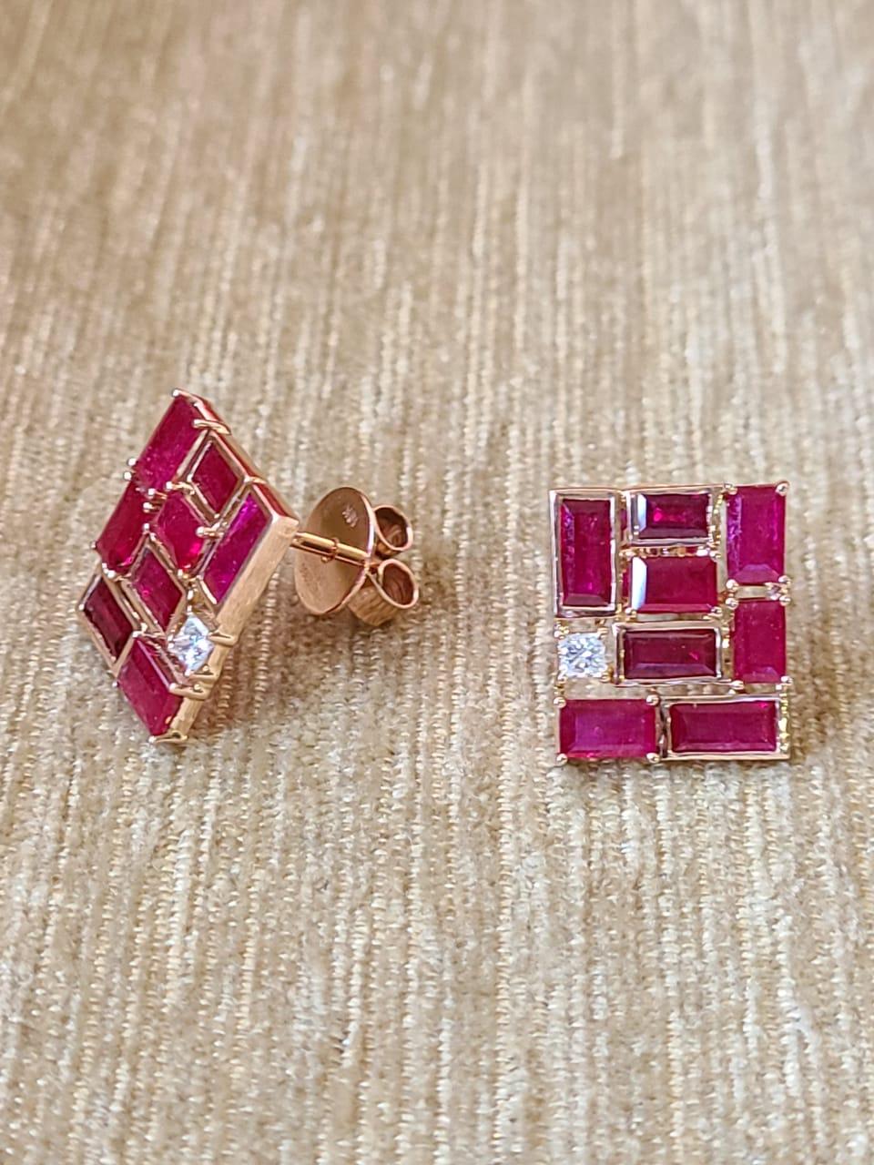 Set in 18K Rose Gold, 3.86 Carats, Mozambique Ruby & Diamonds Stud Earrings  In New Condition In Hong Kong, HK
