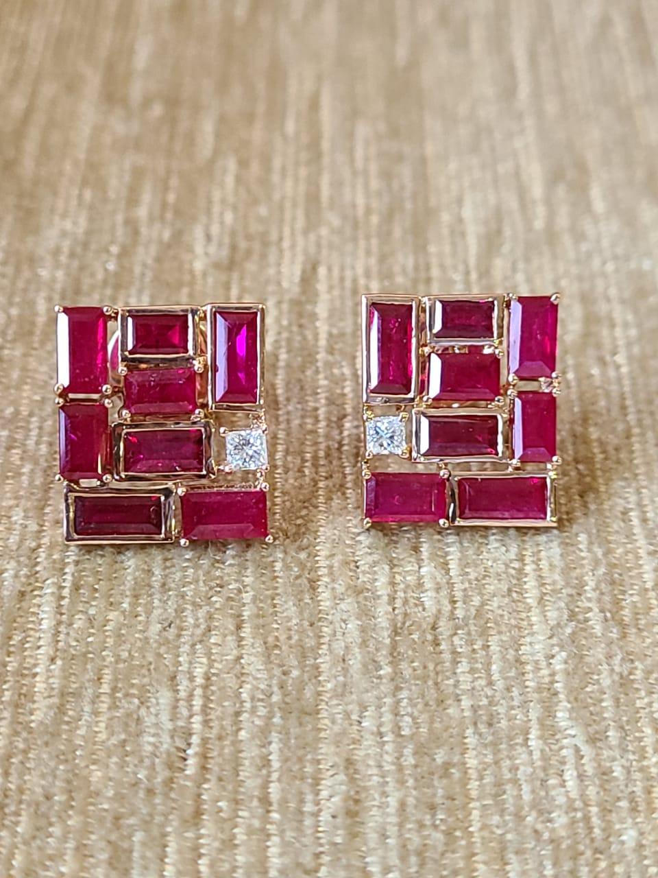 Set in 18K Rose Gold, 3.86 Carats, Mozambique Ruby & Diamonds Stud Earrings  1