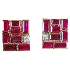 Set in 18K Rose Gold, 3.86 Carats, Mozambique Ruby & Diamonds Stud Earrings 