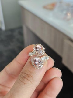 Set in 18K Rose Gold, 3.96 carats Morganite & Tapered Diamonds Toi et Moi Ring