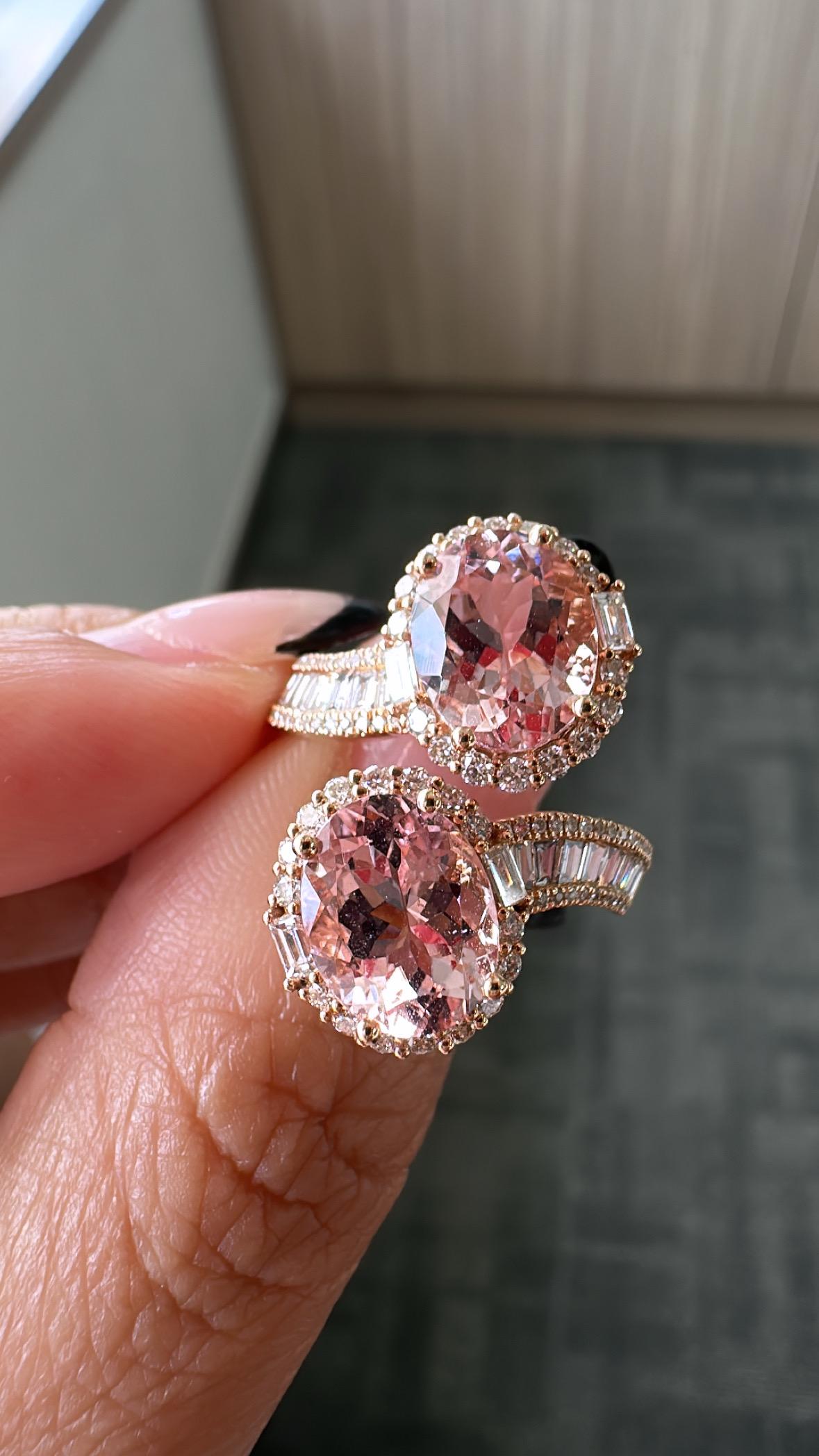 da uomo o donna Anello Toi et Moi in oro rosa 18 carati, Morganite 3,96 carati e diamanti affusolati in vendita