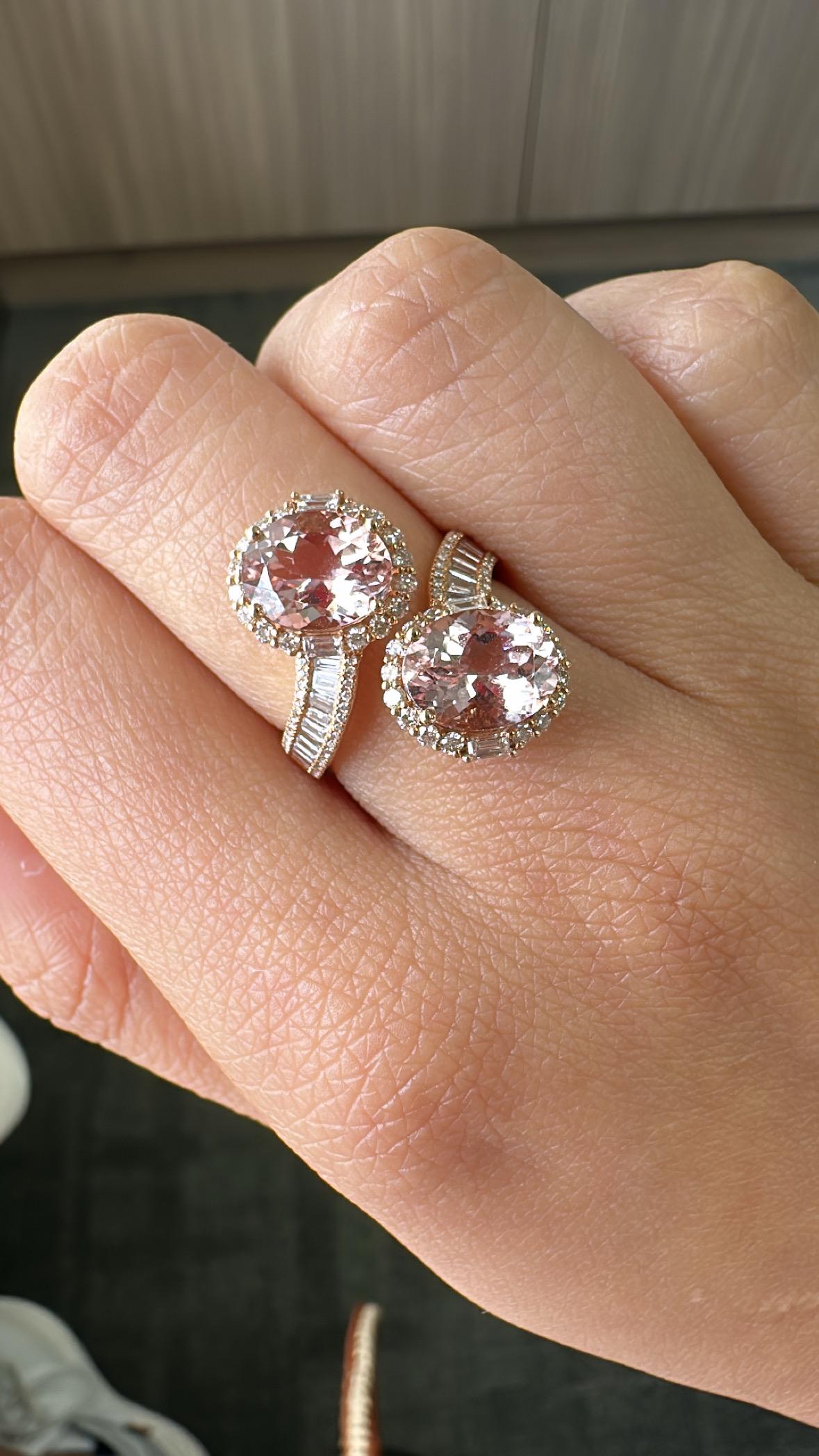 Anello Toi et Moi in oro rosa 18 carati, Morganite 3,96 carati e diamanti affusolati in vendita 2