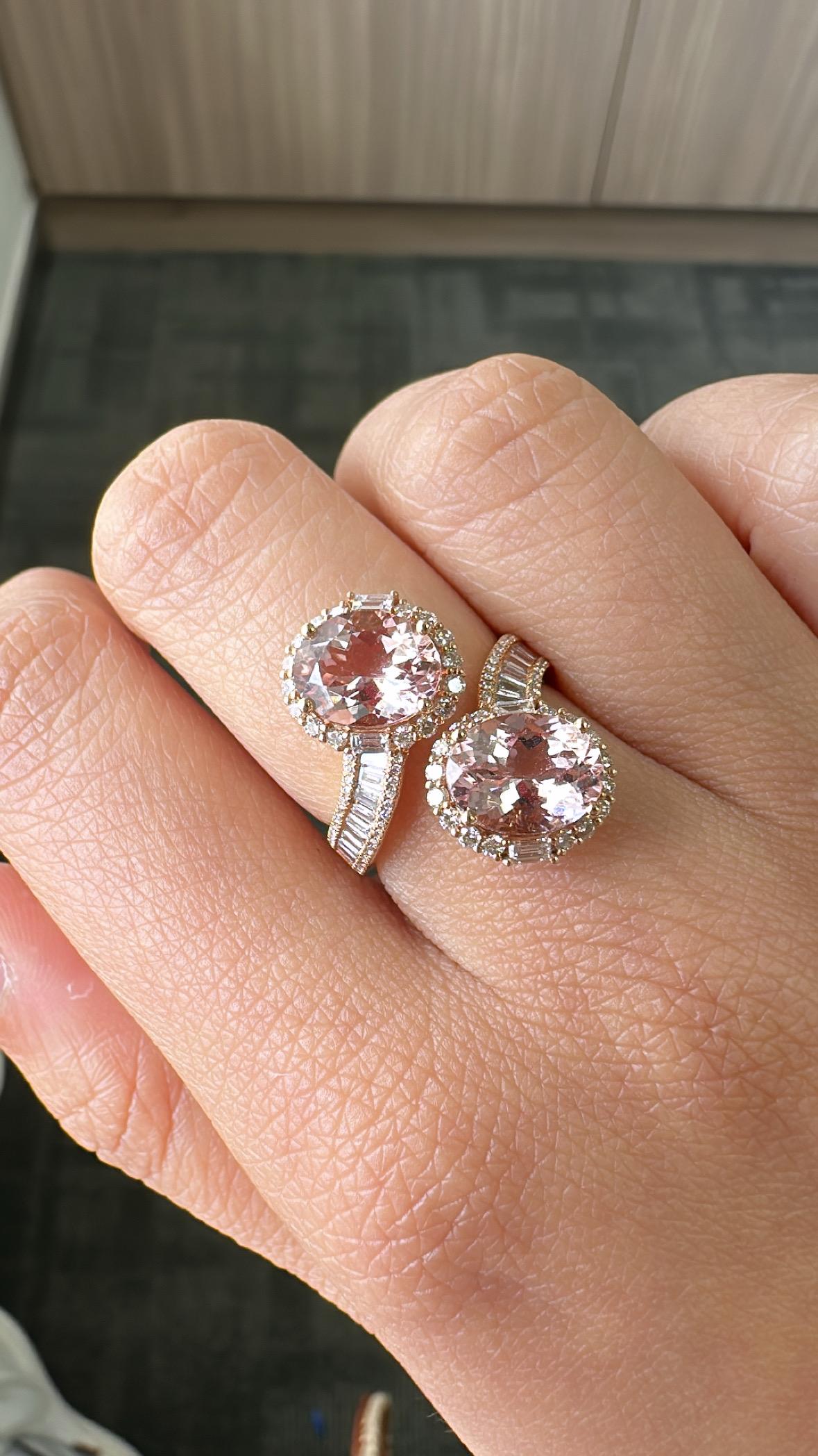 Anello Toi et Moi in oro rosa 18 carati, Morganite 3,96 carati e diamanti affusolati in vendita 3