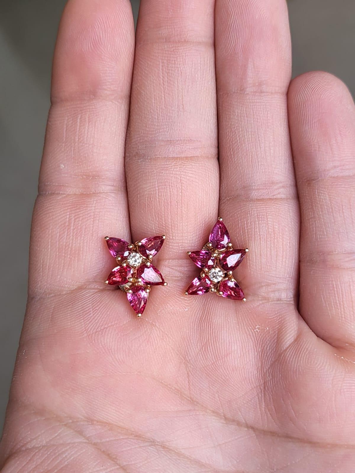 Set in 18k Rose Gold, 4 Carats, Natural Mozambique Ruby & Diamonds Stud Earrings For Sale 1