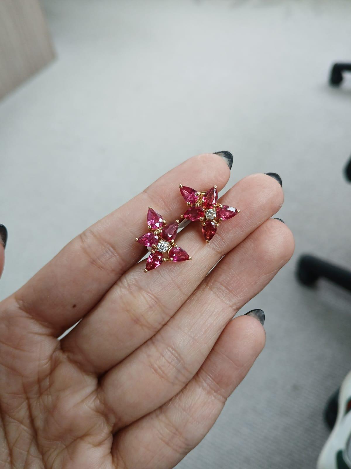 Set in 18k Rose Gold, 4 Carats, Natural Mozambique Ruby & Diamonds Stud Earrings For Sale 2