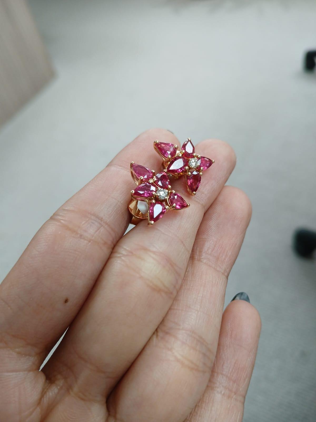 Set in 18k Rose Gold, 4 Carats, Natural Mozambique Ruby & Diamonds Stud Earrings For Sale 3