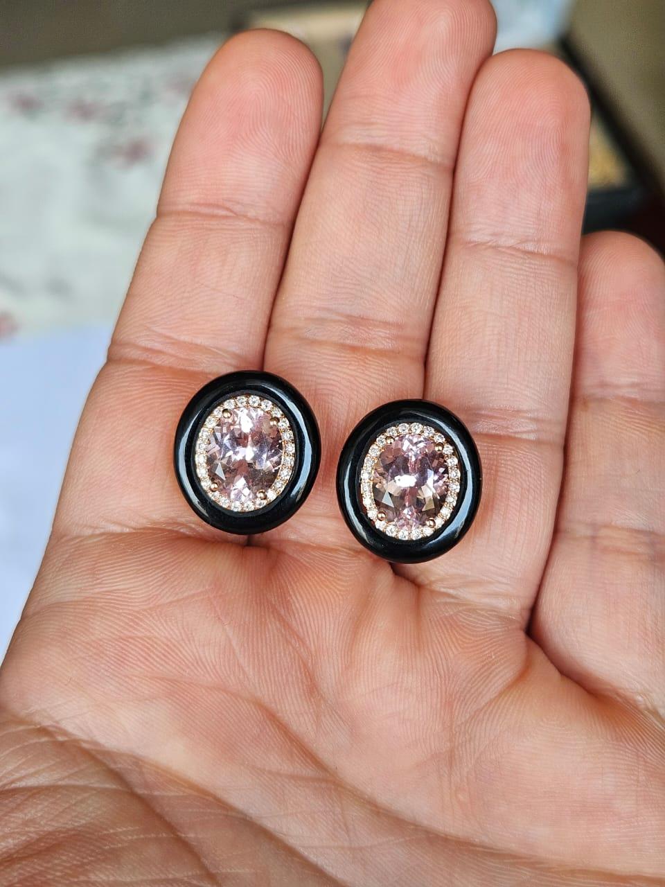 A very gorgeous and beautiful, Art - Deco style, Morganite & Black Onyx Stud Earrings set in 18K Rose Gold & natural Diamonds. The weight of the Morganites is 4.88 carats. The weight of the Black Onyx is 6.51 carats. The Diamonds weight is 0.33