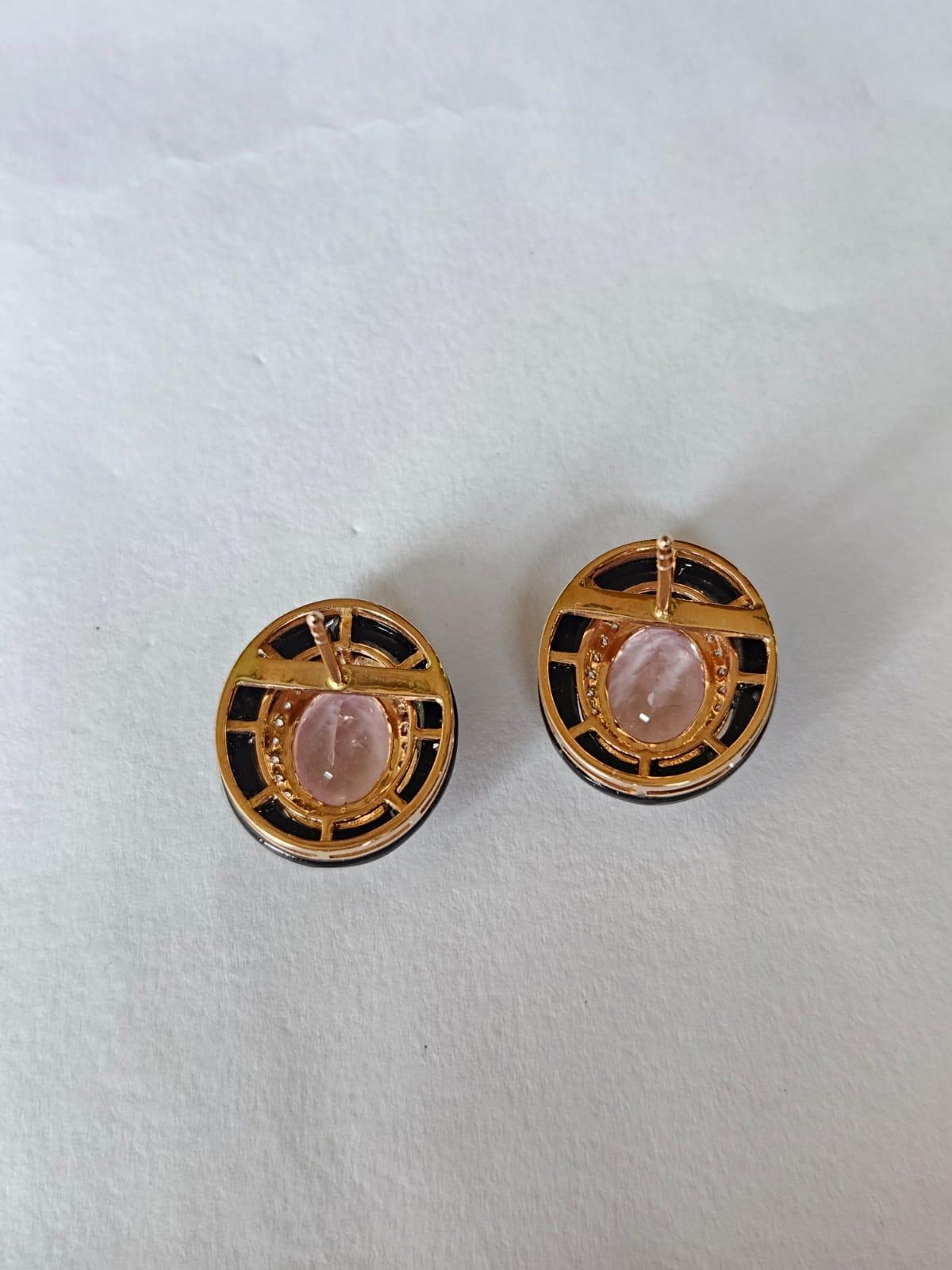 Art Deco Set in 18K Rose Gold, 4.88 carats Morganite, Black Onyx & Diamonds Stud Earrings For Sale