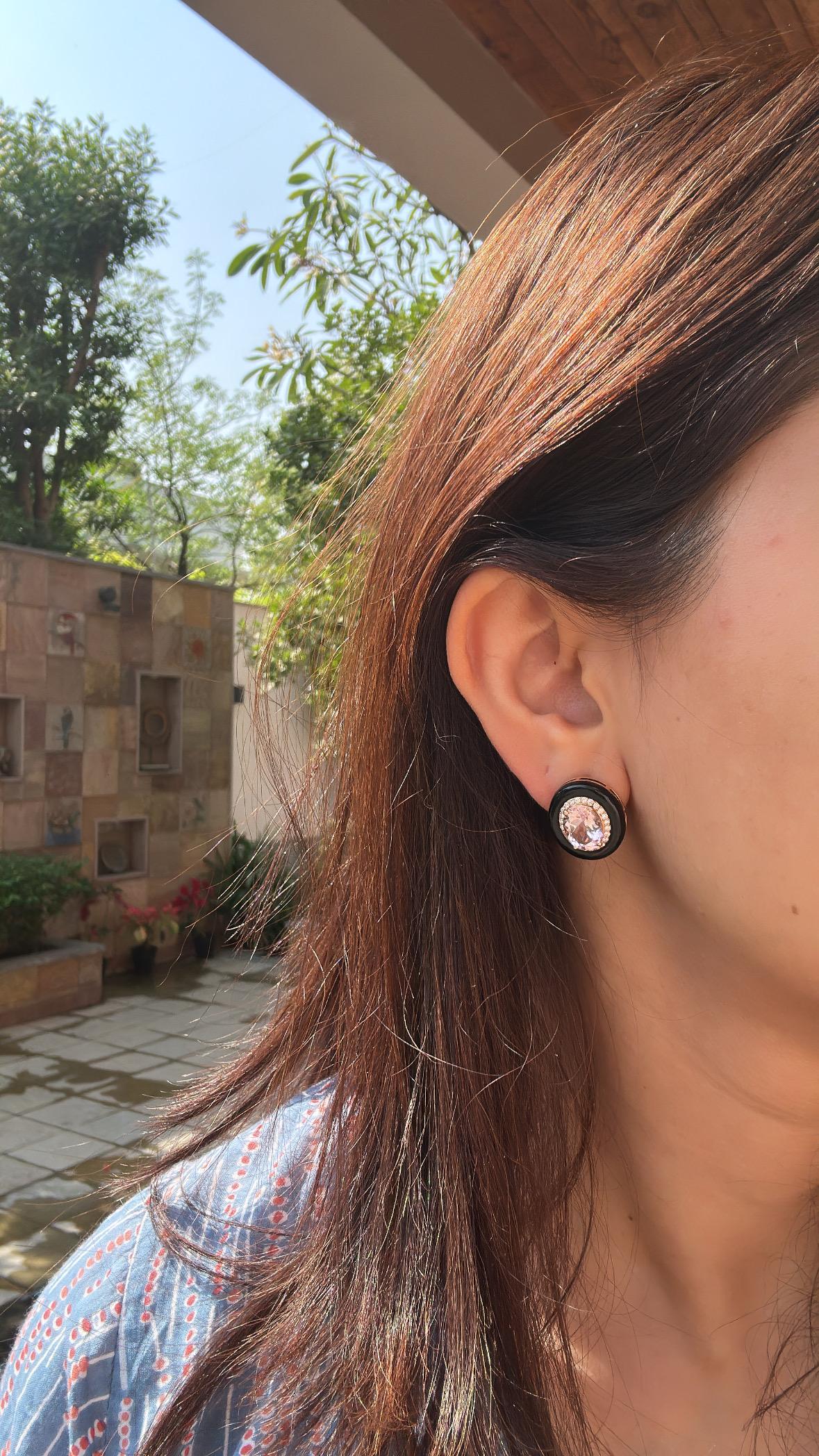 Women's or Men's Set in 18K Rose Gold, 4.88 carats Morganite, Black Onyx & Diamonds Stud Earrings For Sale