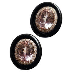 Set in 18K Rose Gold, 4.88 carats Morganite, Black Onyx & Diamonds Stud Earrings