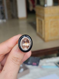 Set in 18K Rose Gold, 5.90 carat Morganite, Black Onyx & Diamond Engagement Ring