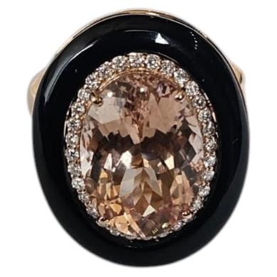 Set in 18K Rose Gold, 5.90 carat Morganite, Black Onyx & Diamond Engagement Ring