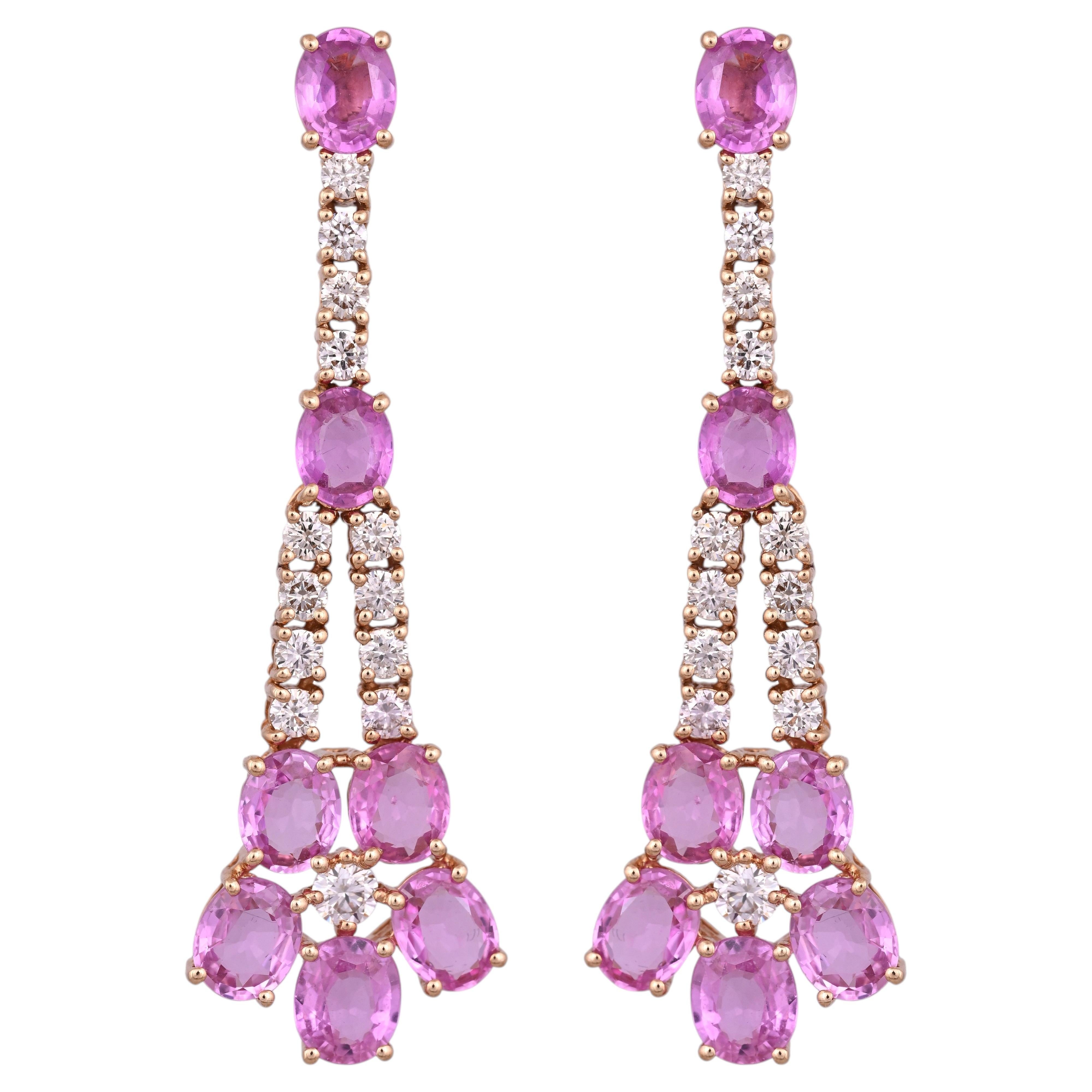 Set in 18K Rose Gold, 6.11 carats, Pink Sapphires & Diamonds Dangle Earrings