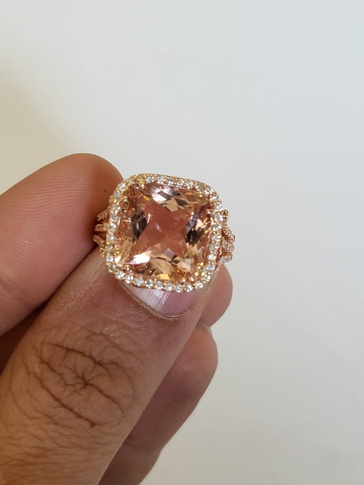 A very chic and gorgeous Morganite Engagement / Cocktail Ring set in 18K Rose Gold. The weight of the Morganite is 8.08 carats. The weight of the Diamonds is 0.45 carats. Net Gold weight is 6.03 grams. The dimensions of the ring are 1.60cm x 1.60cm