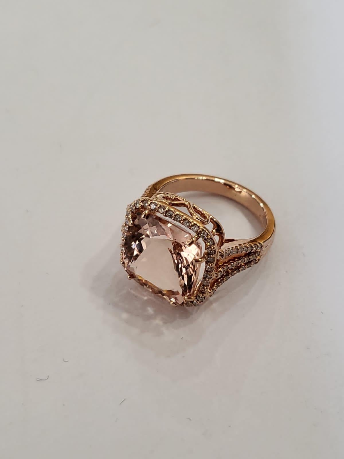 Cushion Cut Set in 18k Rose Gold, 8.08 Carats Morganite & Diamonds Engagement Cocktail Ring