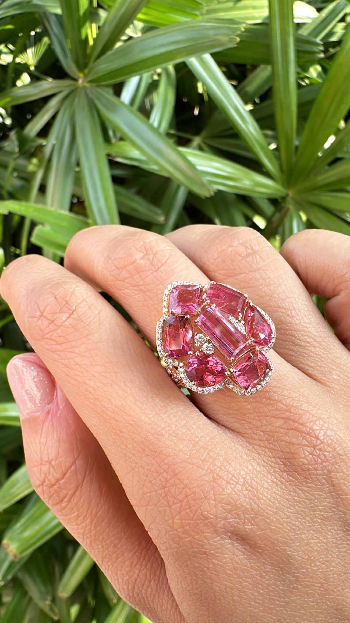 Anello Cocktail Cluster con tormalina e diamanti in oro rosa 18 carati, 8,48 carati in vendita 4