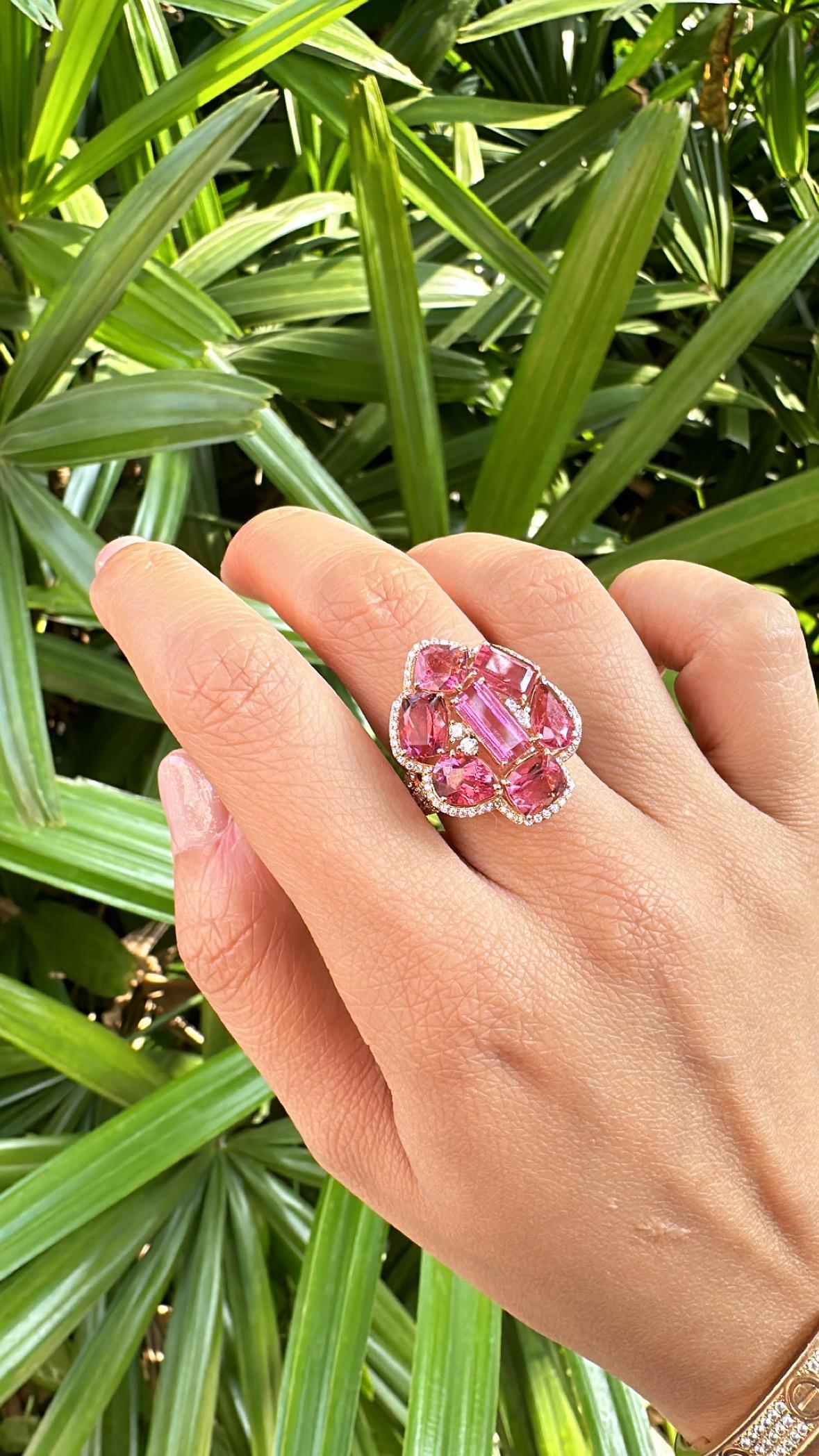 Anello Cocktail Cluster con tormalina e diamanti in oro rosa 18 carati, 8,48 carati in vendita 5