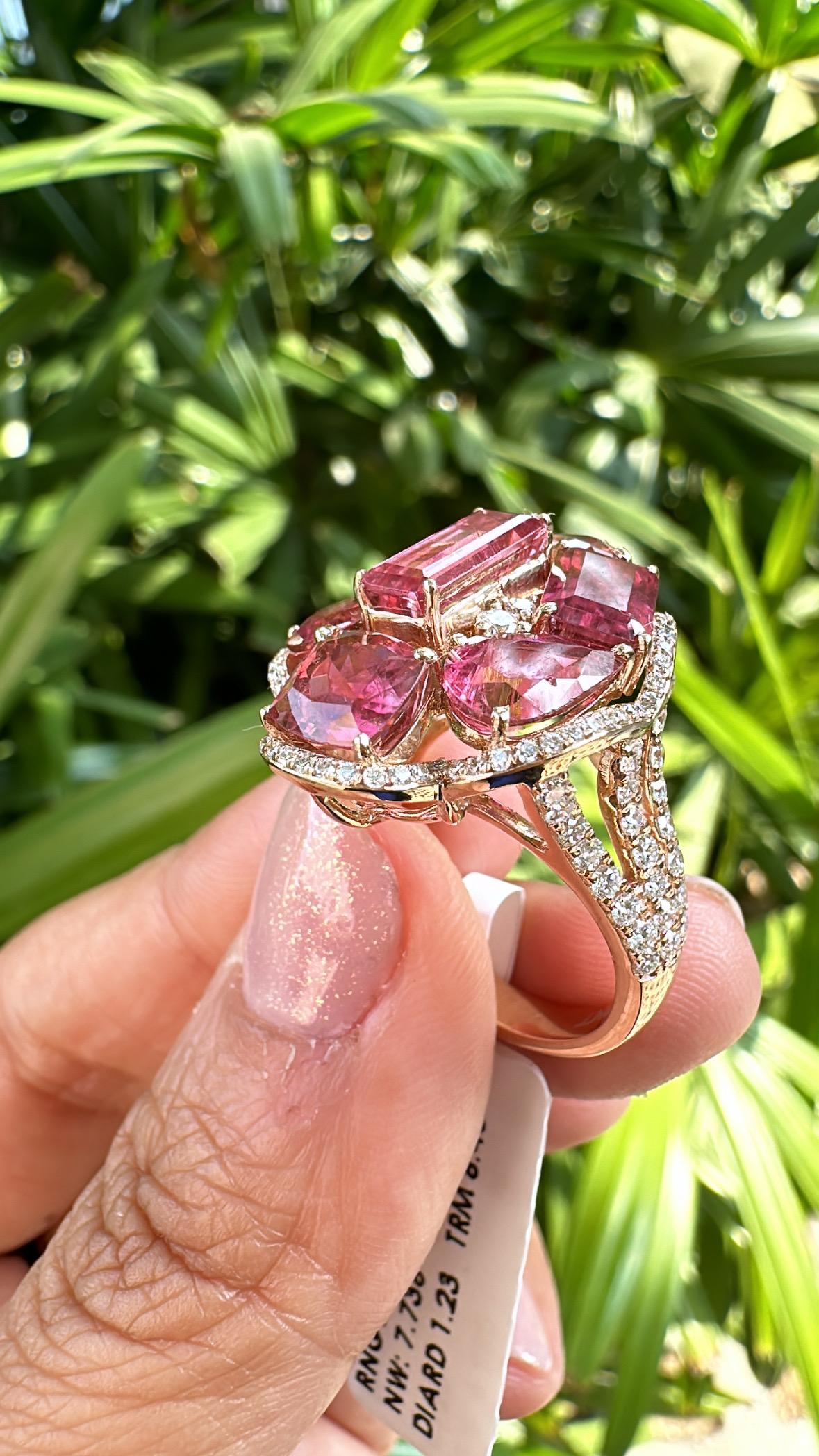 da uomo o donna Anello Cocktail Cluster con tormalina e diamanti in oro rosa 18 carati, 8,48 carati in vendita