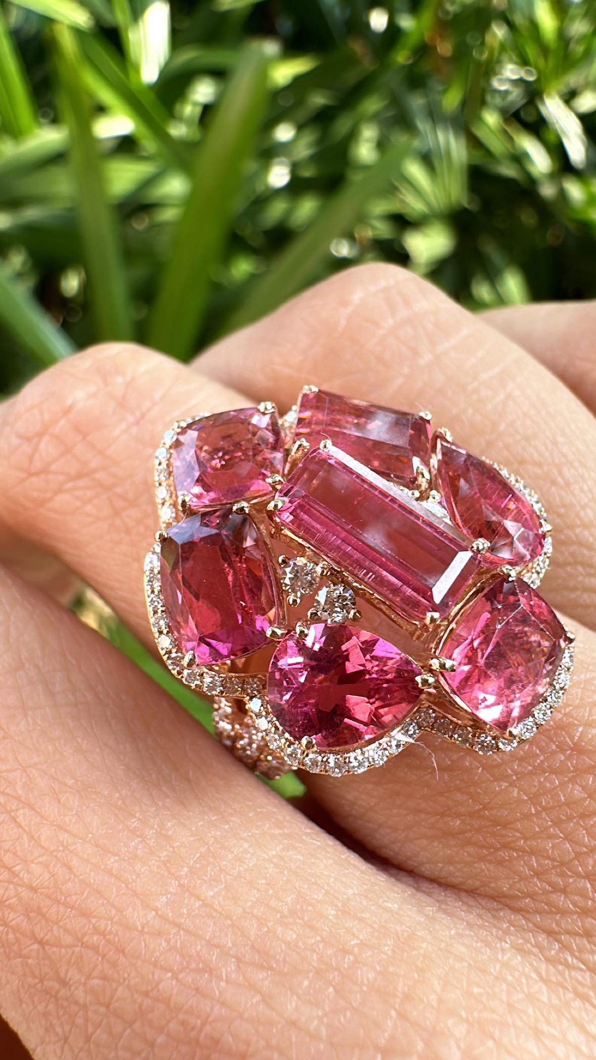 Anello Cocktail Cluster con tormalina e diamanti in oro rosa 18 carati, 8,48 carati in vendita 3