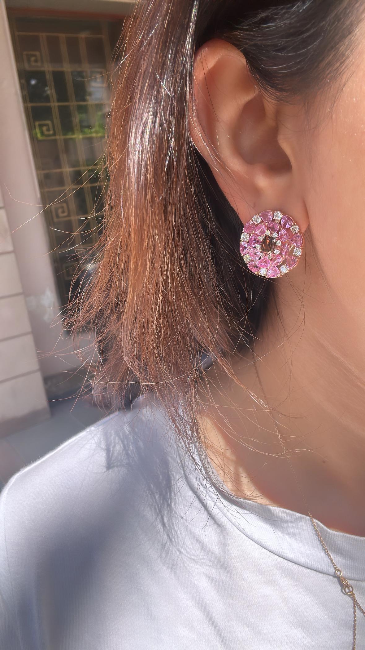Set in 18K Rose Gold, 8.96 carats Ceylon Pink Sapphires & Diamonds Stud Earrings For Sale 1