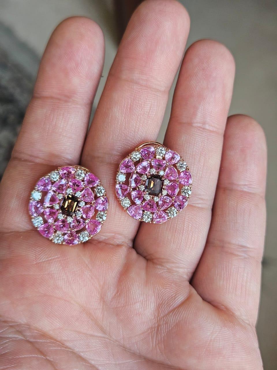 Modern Set in 18K Rose Gold, 8.96 carats Ceylon Pink Sapphires & Diamonds Stud Earrings For Sale