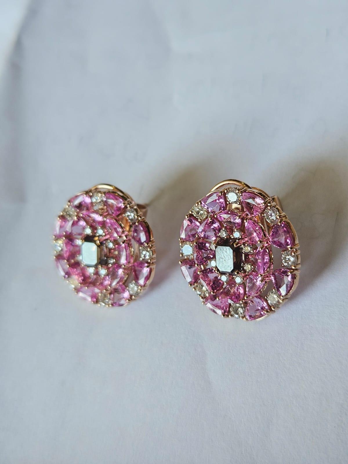Trillion Cut Set in 18K Rose Gold, 8.96 carats Ceylon Pink Sapphires & Diamonds Stud Earrings For Sale