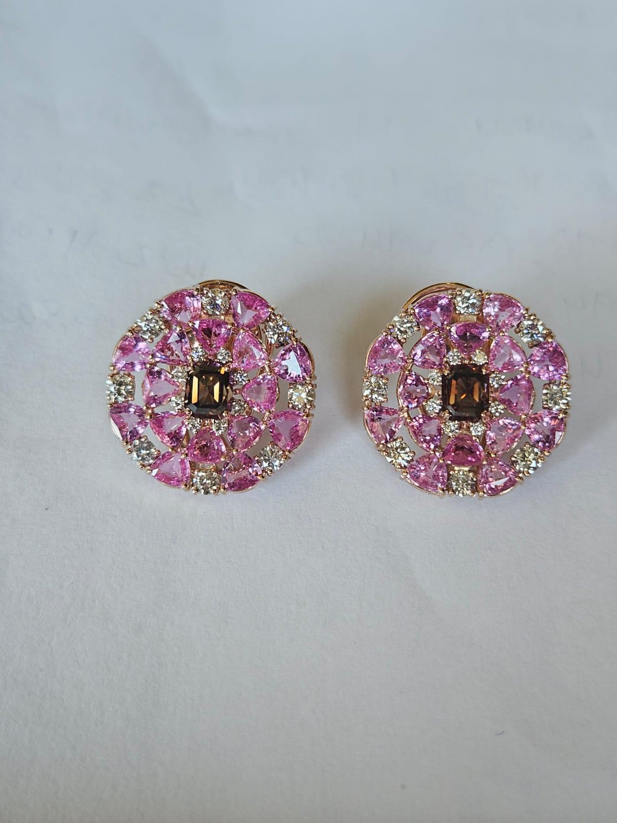 Set in 18K Rose Gold, 8.96 carats Ceylon Pink Sapphires & Diamonds Stud Earrings In New Condition For Sale In Hong Kong, HK