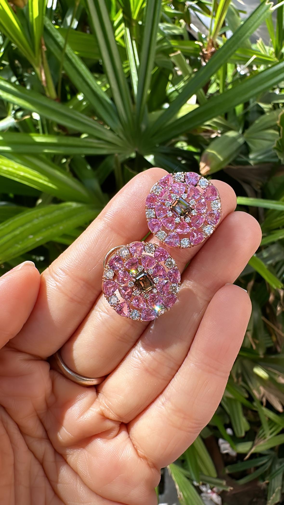 Women's or Men's Set in 18K Rose Gold, 8.96 carats Ceylon Pink Sapphires & Diamonds Stud Earrings For Sale