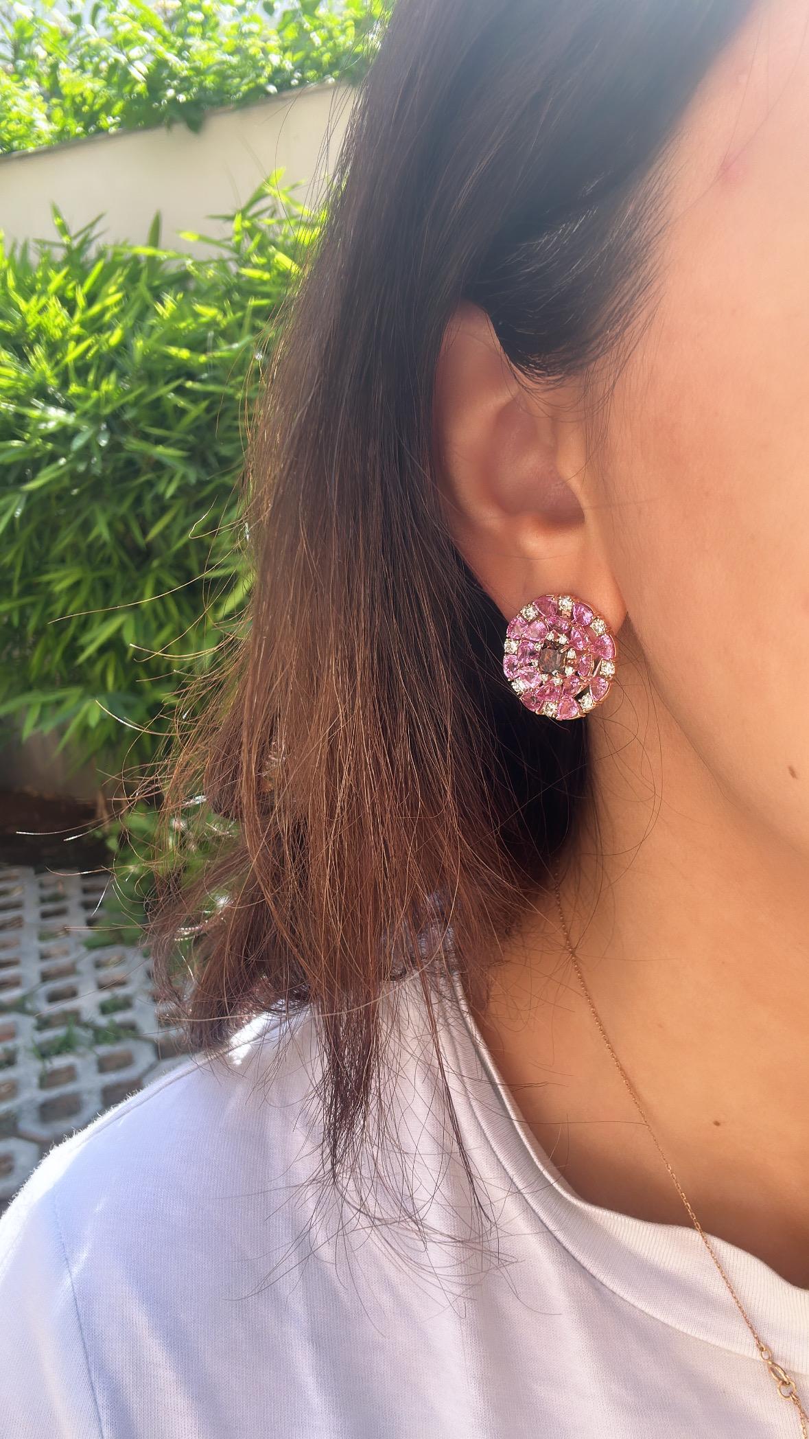 Women's or Men's Set in 18K Rose Gold, 8.96 carats Ceylon Pink Sapphires & Diamonds Stud Earrings For Sale