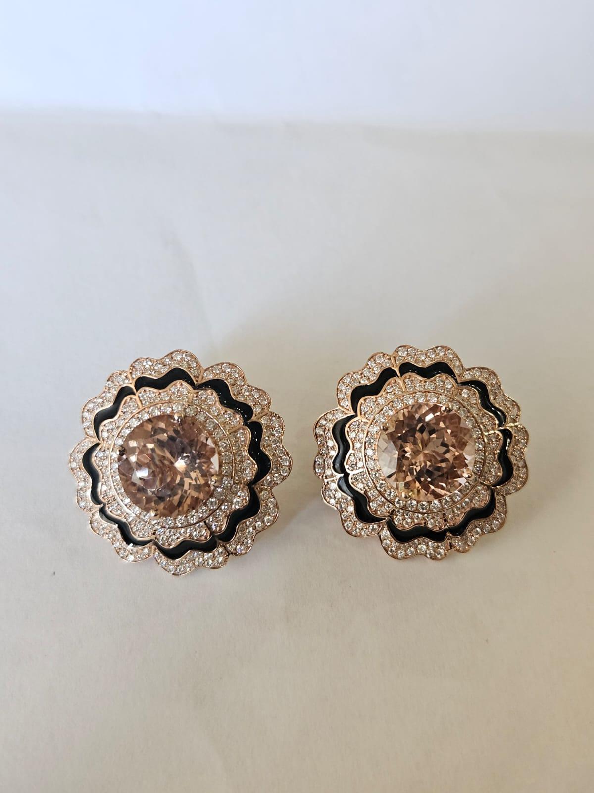 Art Déco Orecchino con borchia in oro rosa 18 carati, Morganite da 9,15 carati, smalto nero e diamanti in vendita
