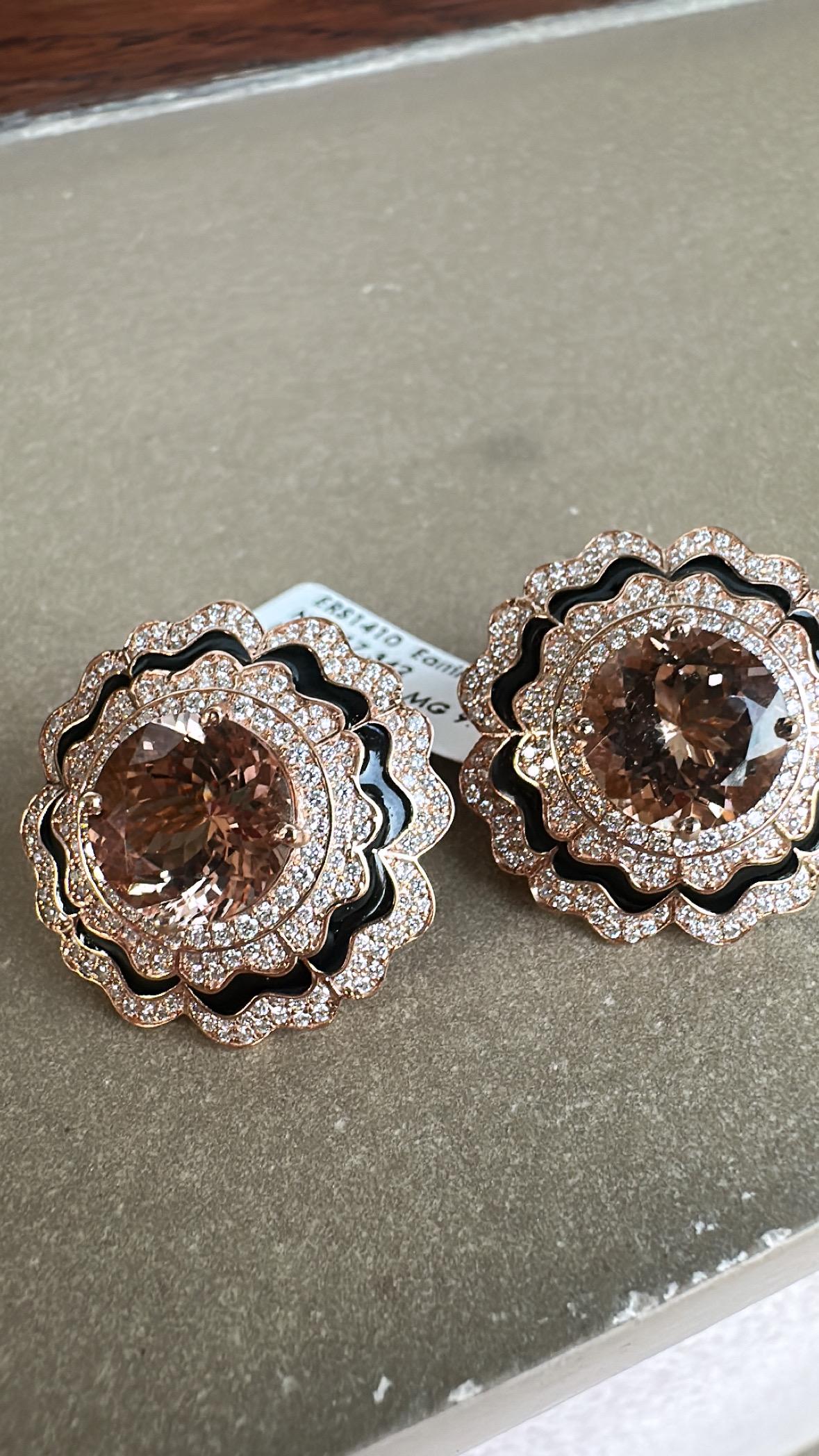 da uomo o donna Orecchino con borchia in oro rosa 18 carati, Morganite da 9,15 carati, smalto nero e diamanti in vendita