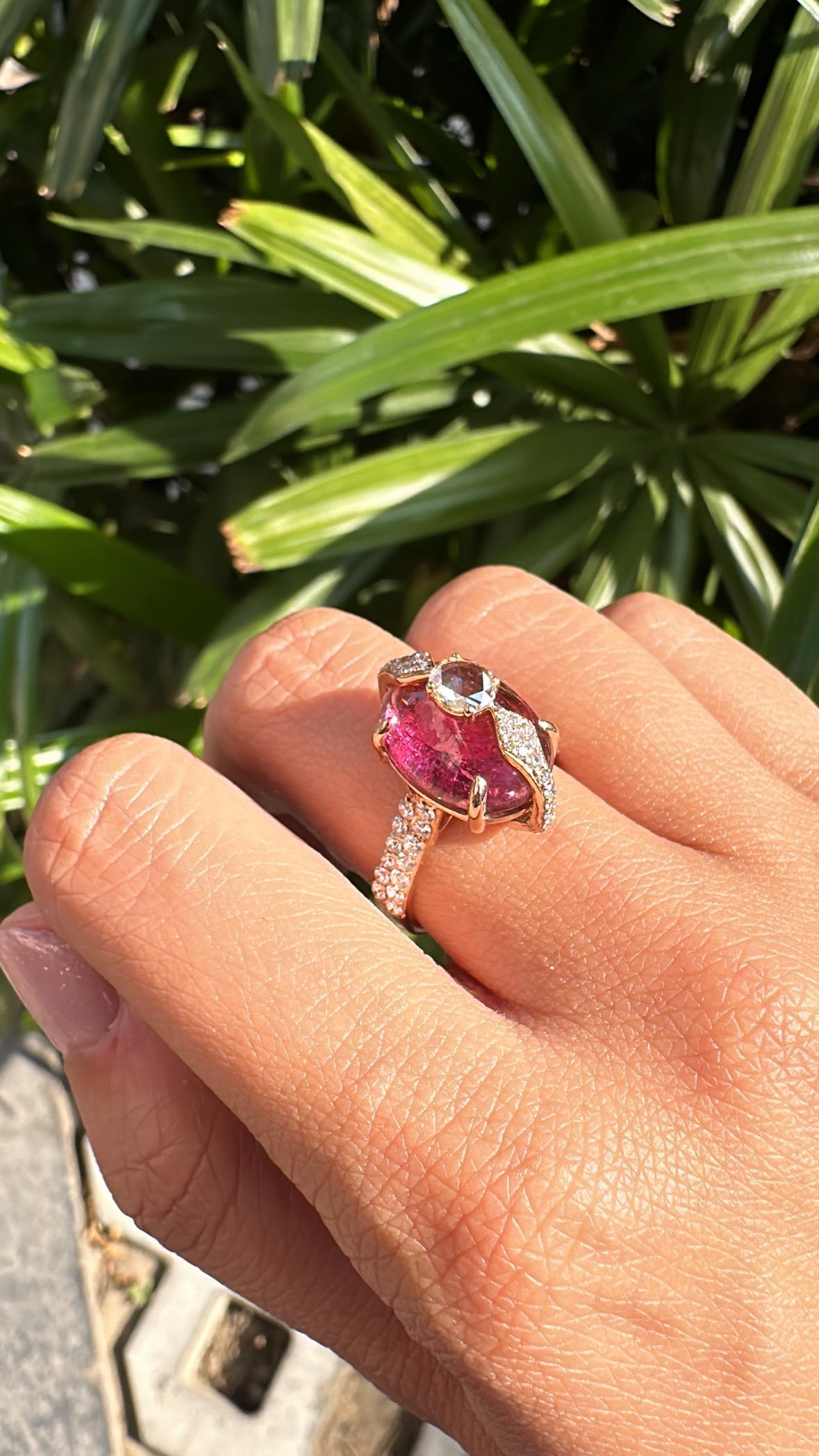 Set in 18K Rose Gold, 9.98 carats, Tourmaline & Rose Cut Diamonds Dome Ring For Sale 4