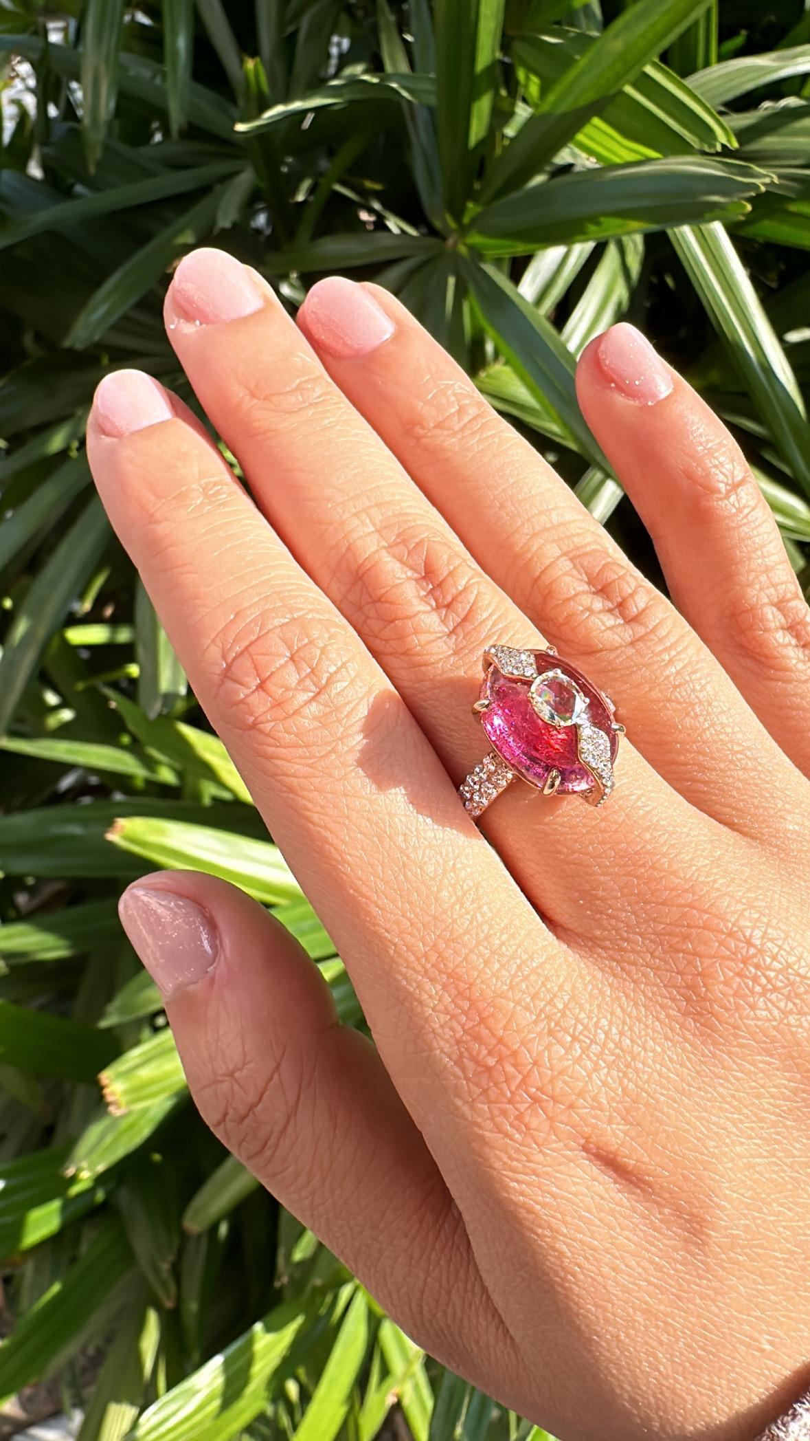 Set in 18K Rose Gold, 9.98 carats, Tourmaline & Rose Cut Diamonds Dome Ring For Sale 5